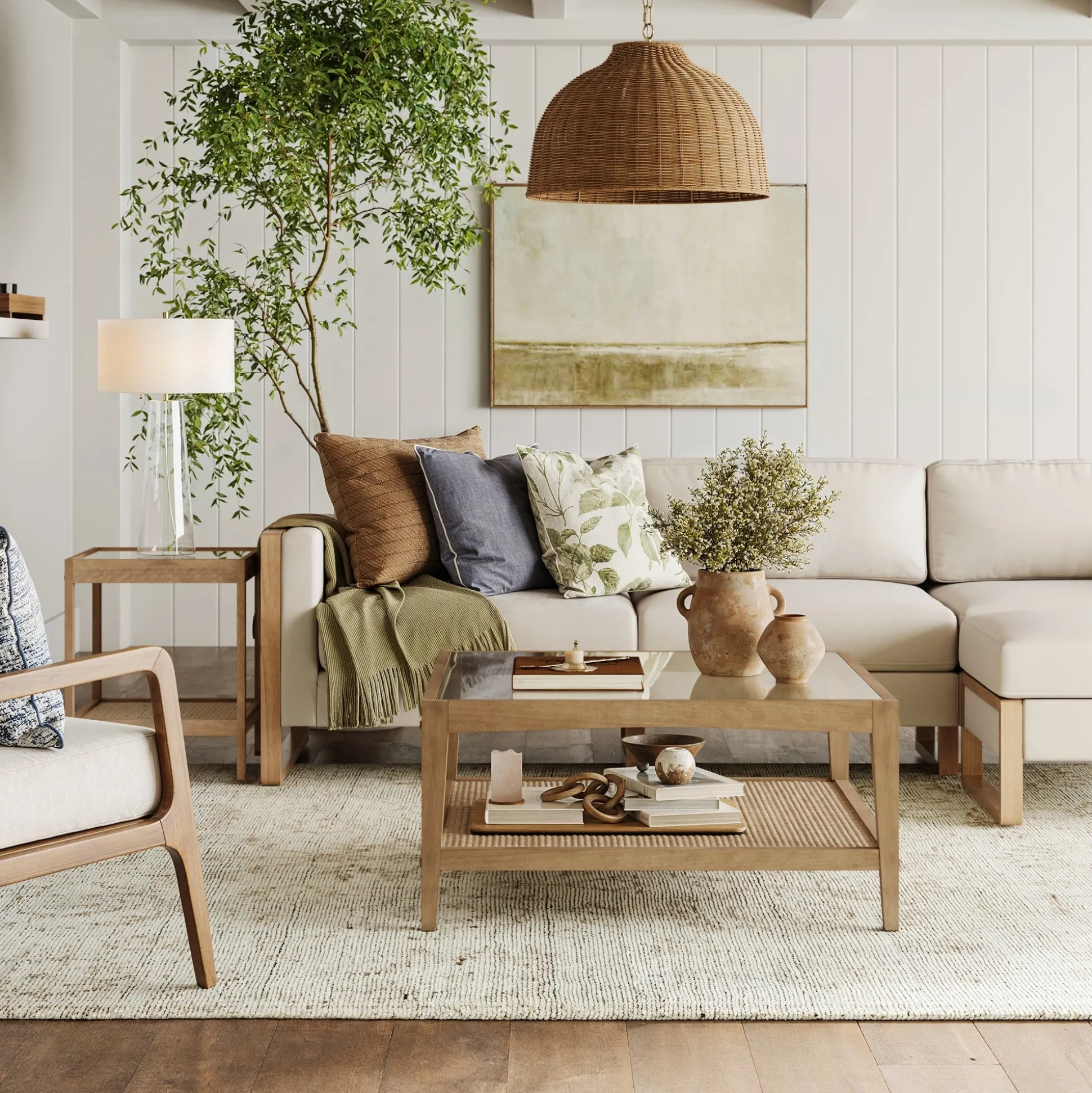 Square Glass & Rattan Coffee Table with Solid Wood Legs