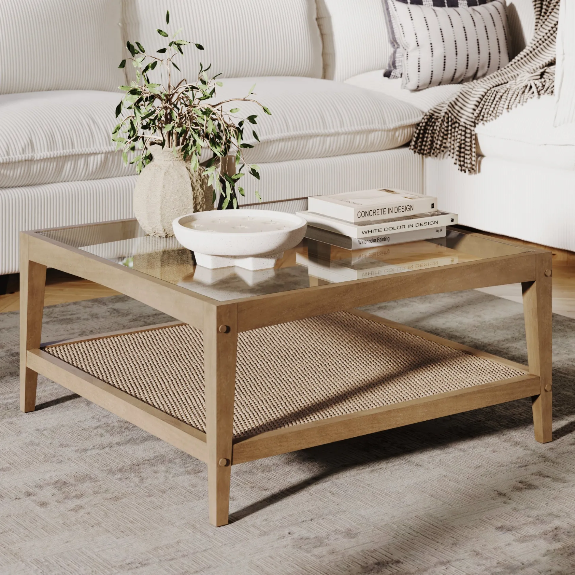 Square Glass & Rattan Coffee Table with Solid Wood Legs