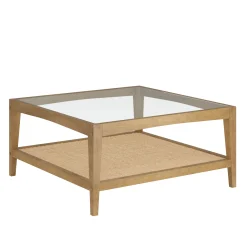 Square Glass & Rattan Coffee Table with Solid Wood Legs