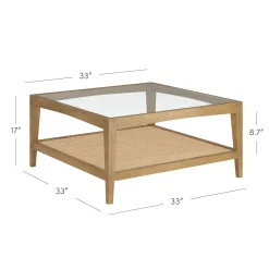 Square Glass & Rattan Coffee Table with Solid Wood Legs