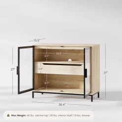 Two-Door Glass Accent Cabinet with Drawer Light Oak