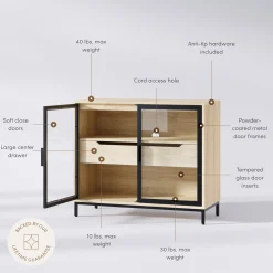 Two-Door Glass Accent Cabinet with Drawer Light Oak