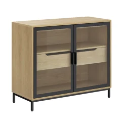 Two-Door Glass Accent Cabinet with Drawer Light Oak