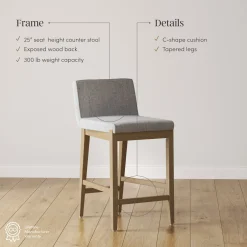 Upholstered Counter Height Bar Stool w/ Back Gray (Set of 4)
