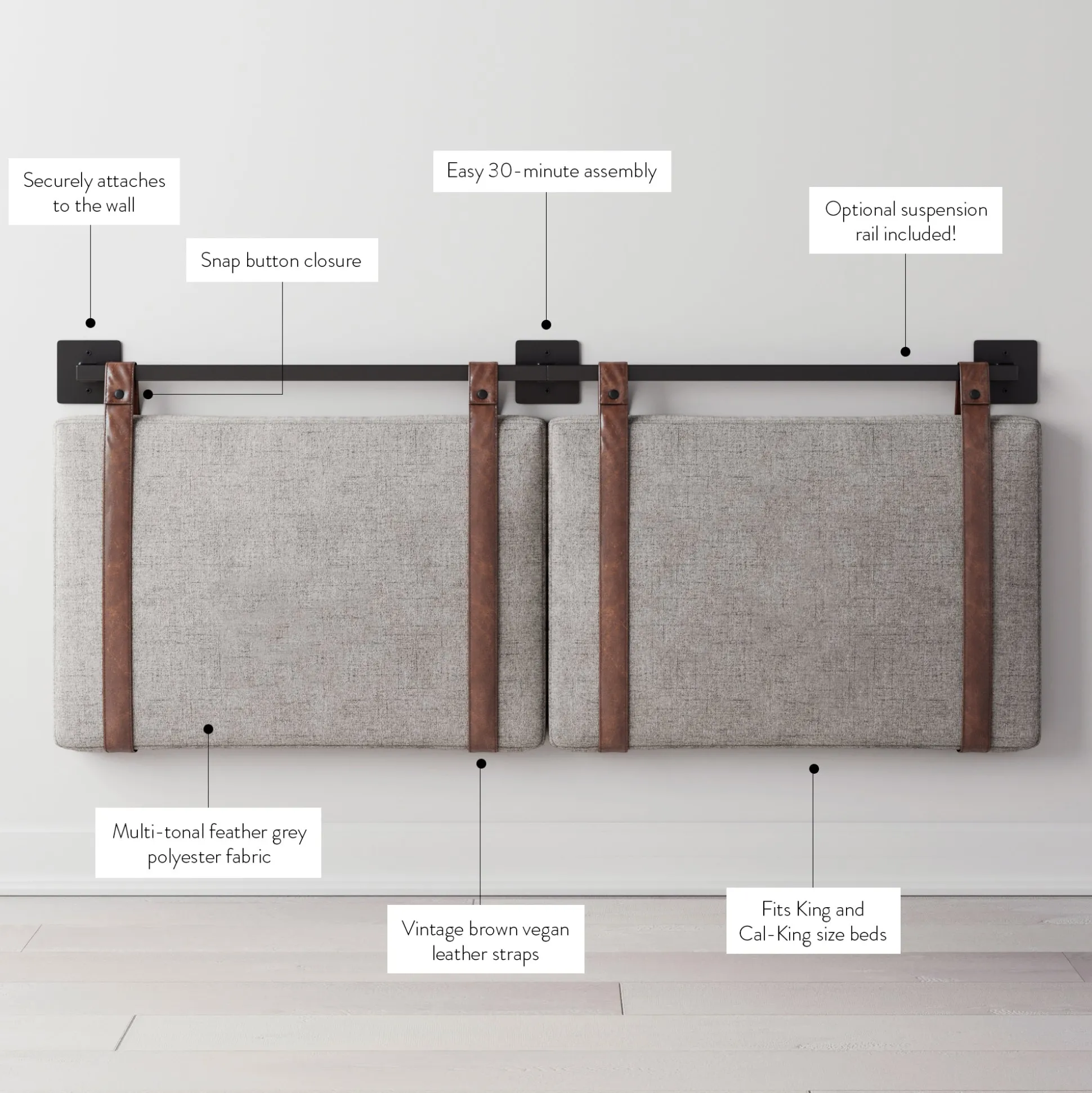 Upholstered King Wall Mount Headboard Gray
