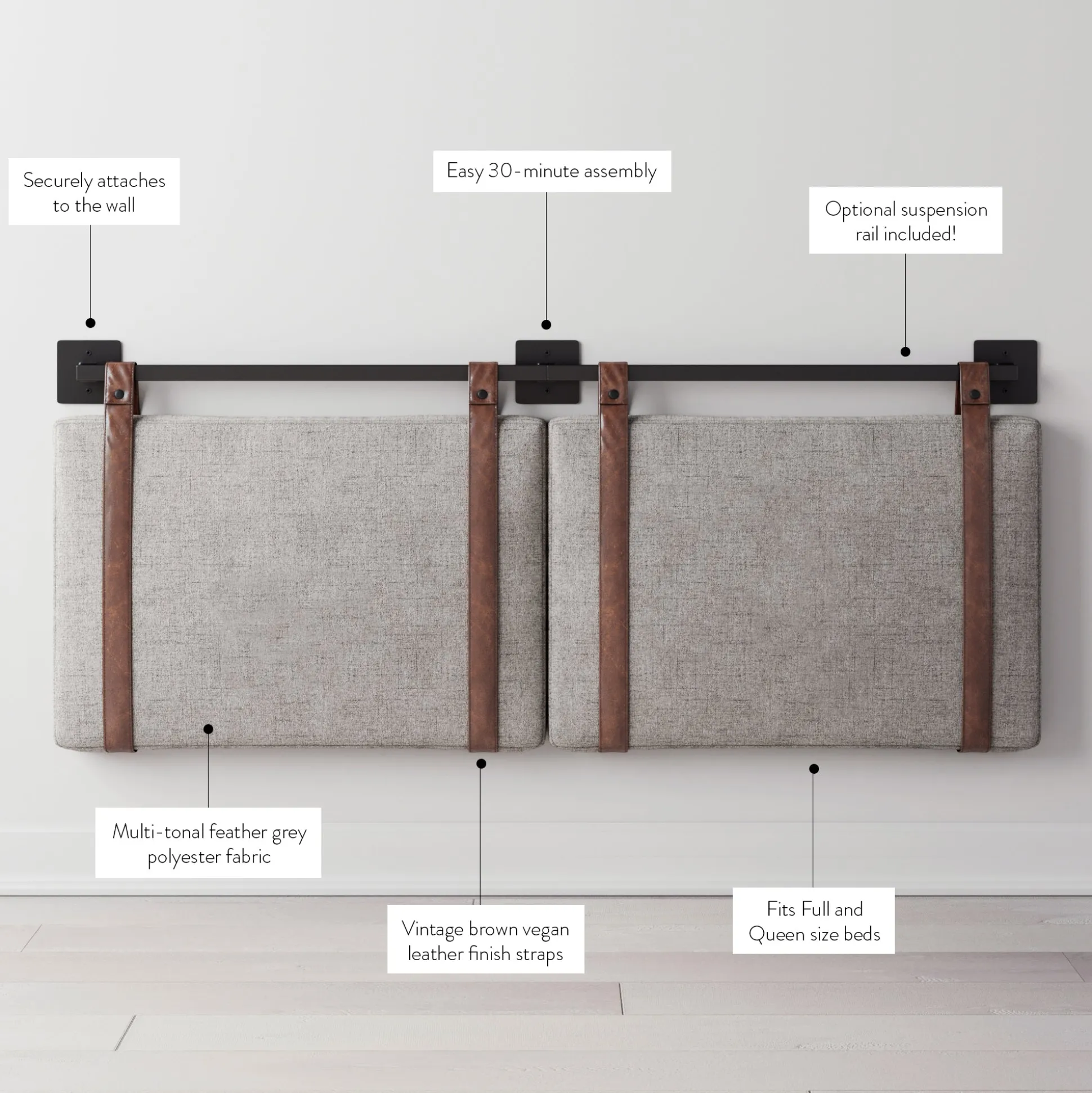 Upholstered Queen Wall Mount Headboard Gray