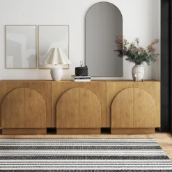 Wood Arched Kitchen Cabinet Credenza Light Brown (Set of 3)