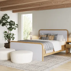 Wood Bed Frame in Feather Gray Upholstery | Size Queen