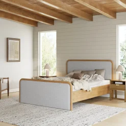 Wood Bed Frame in Feather Gray Upholstery | Size Queen