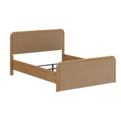 Wood Bed Frame in Light Brown Faux Leather | Size Queen