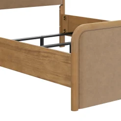Wood Bed Frame in Light Brown Faux Leather | Size Queen