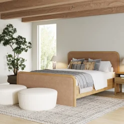 Wood Bed Frame in Light Brown Faux Leather | Size Queen