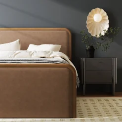 Wood Bed Frame in Light Brown Faux Leather | Size Queen
