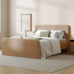 Wood Bed Frame in Light Brown Faux Leather | Size Queen