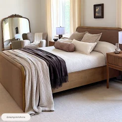 Wood Bed Frame in Light Brown Faux Leather | Size Queen