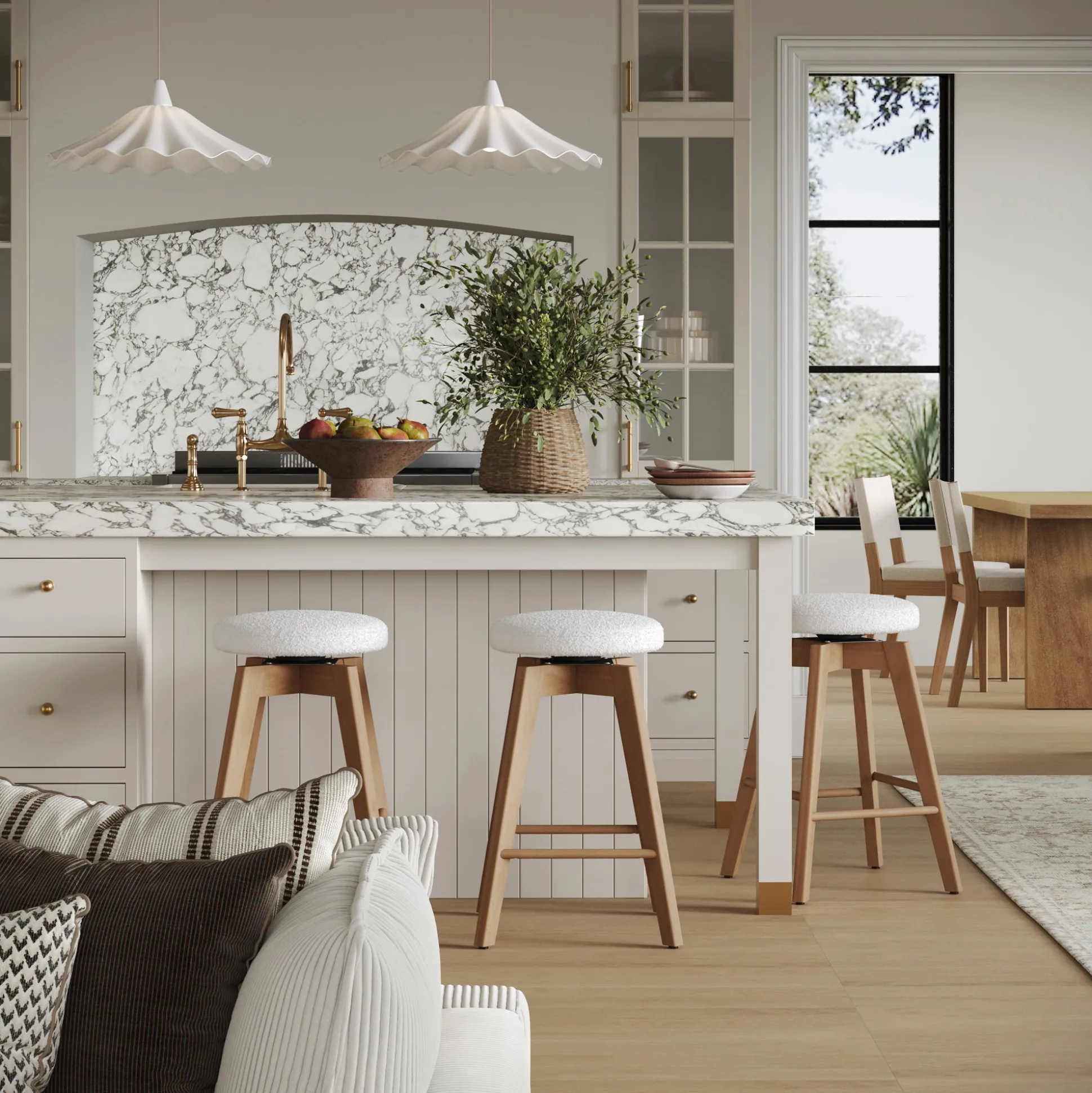 Wood Boucle Counter Height Swivel Counter Stool White Oak (Set of 3)