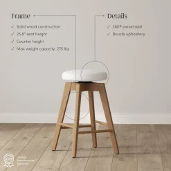 Wood Boucle Counter Height Swivel Counter Stool White Oak