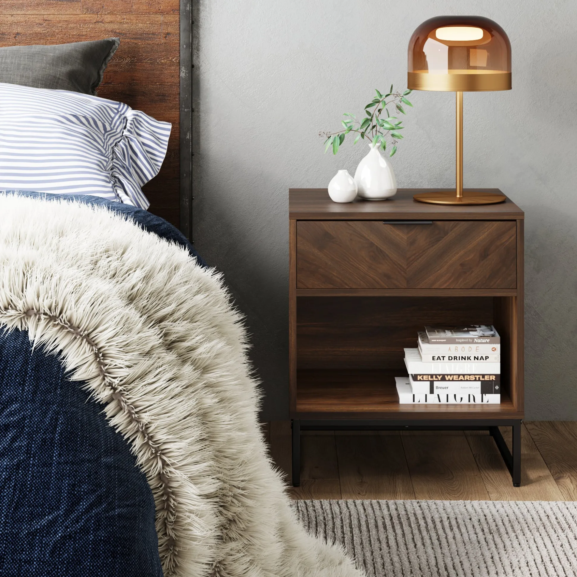 Wood Cabinet Herringbone Nightstand Walnut