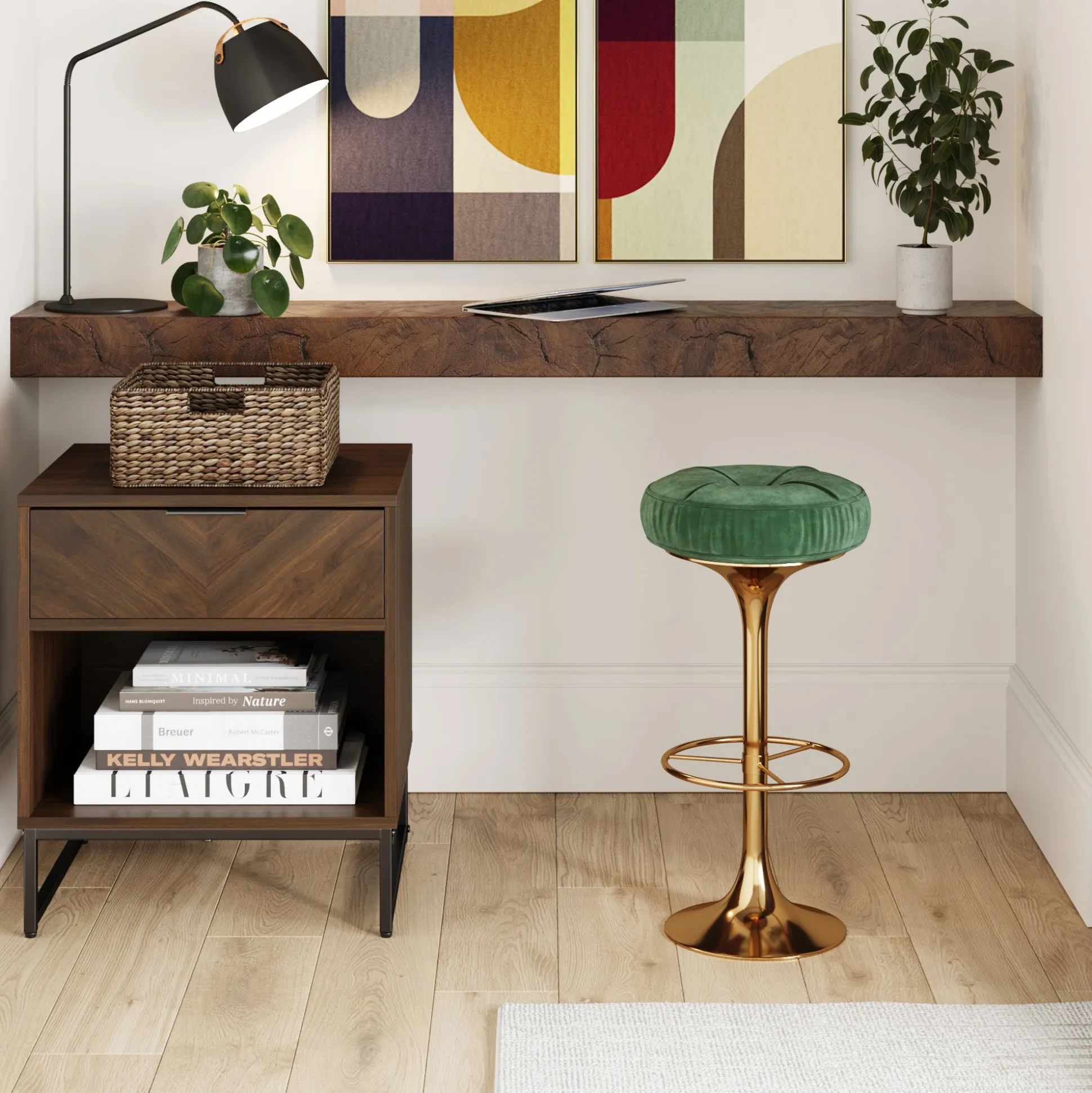 Wood Cabinet Herringbone Nightstand Walnut
