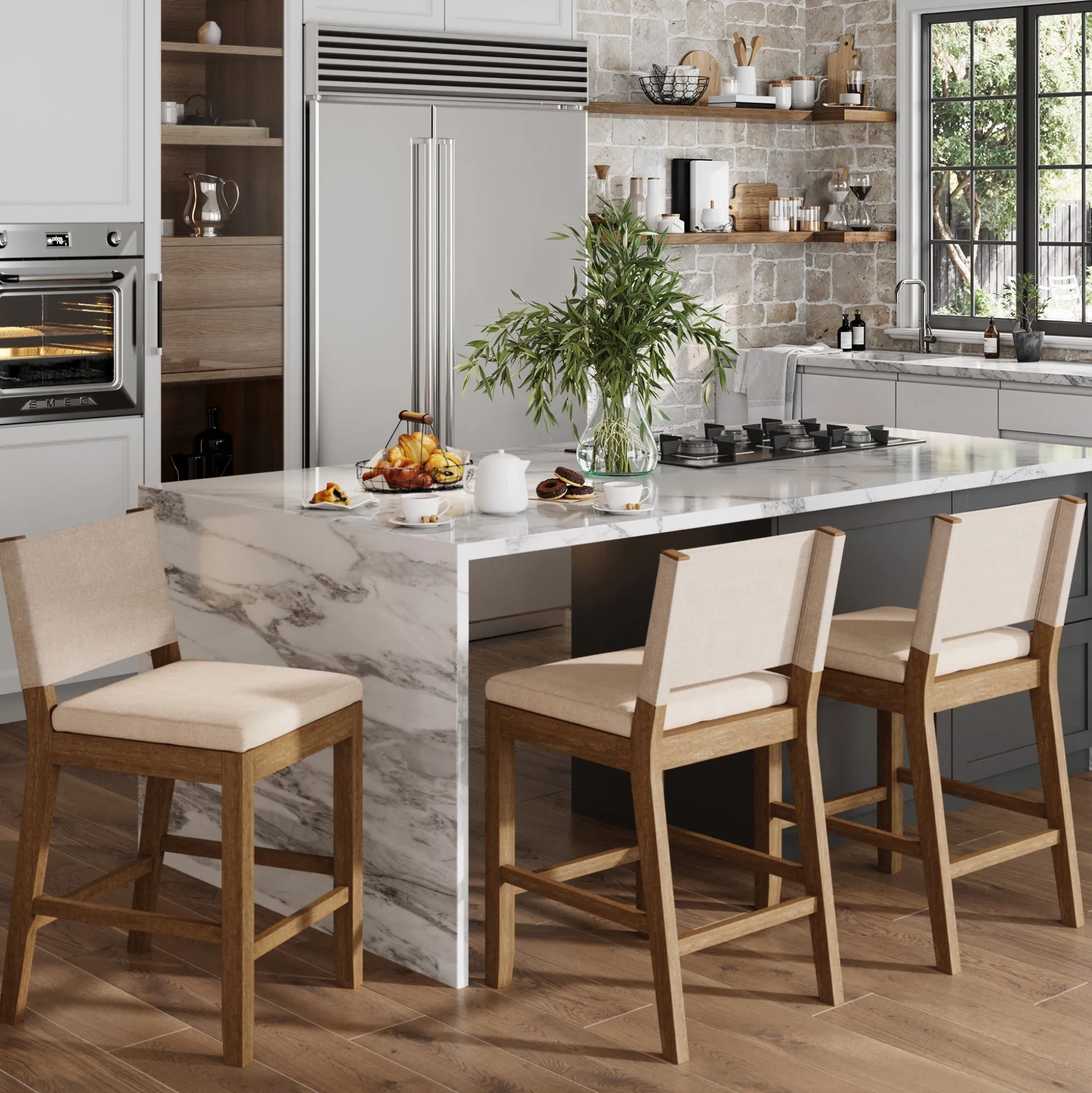 Wood Counter Height Bar Stools Light Brown Flax (Set of 3)
