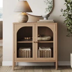 Wood Curio Cabinet with Glass Doors Raw Oak