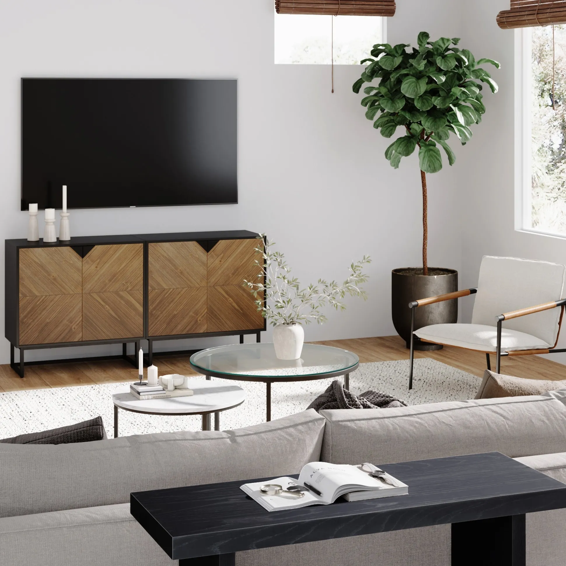 Wood 2-Door TV Console for TVs up to 65" Brushed Fir