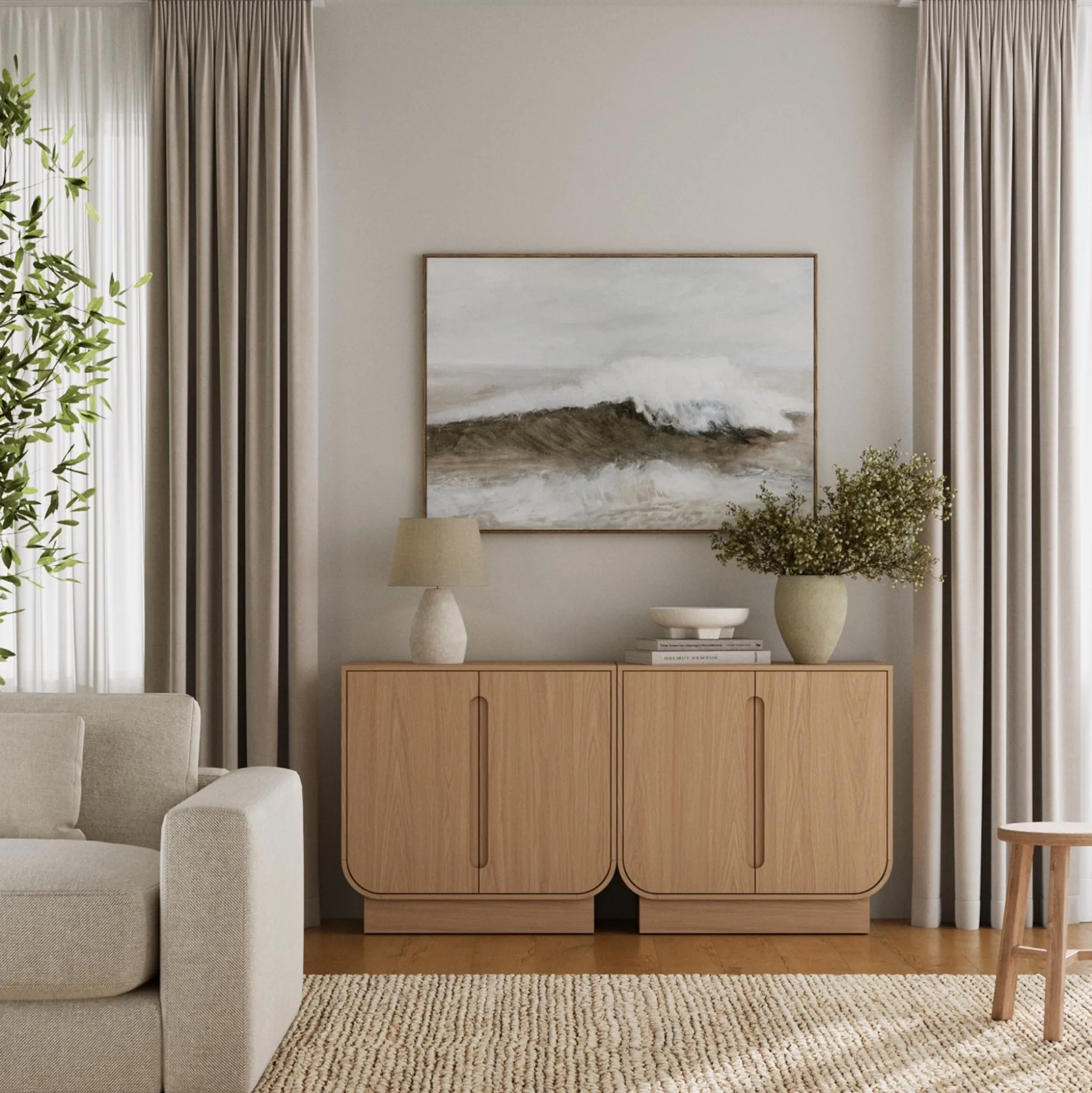 Wooden Arched Accent Cabinet or Kitchen Credenza Raw Oak (Set of 2)