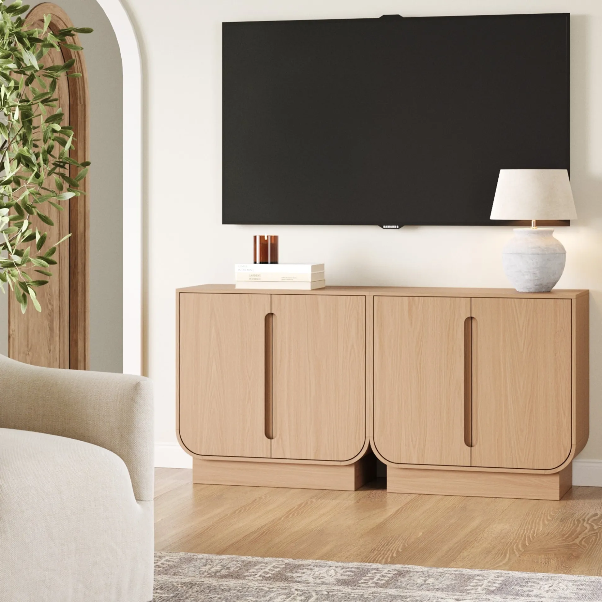 Wooden Arched Accent Cabinet or Kitchen Credenza Raw Oak (Set of 2)