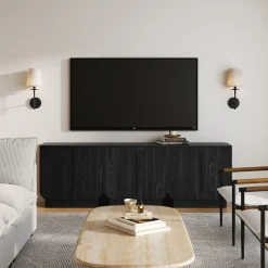 Wooden Arched Accent Cabinet or Kitchen Credenza Black Oak (Set of 3)