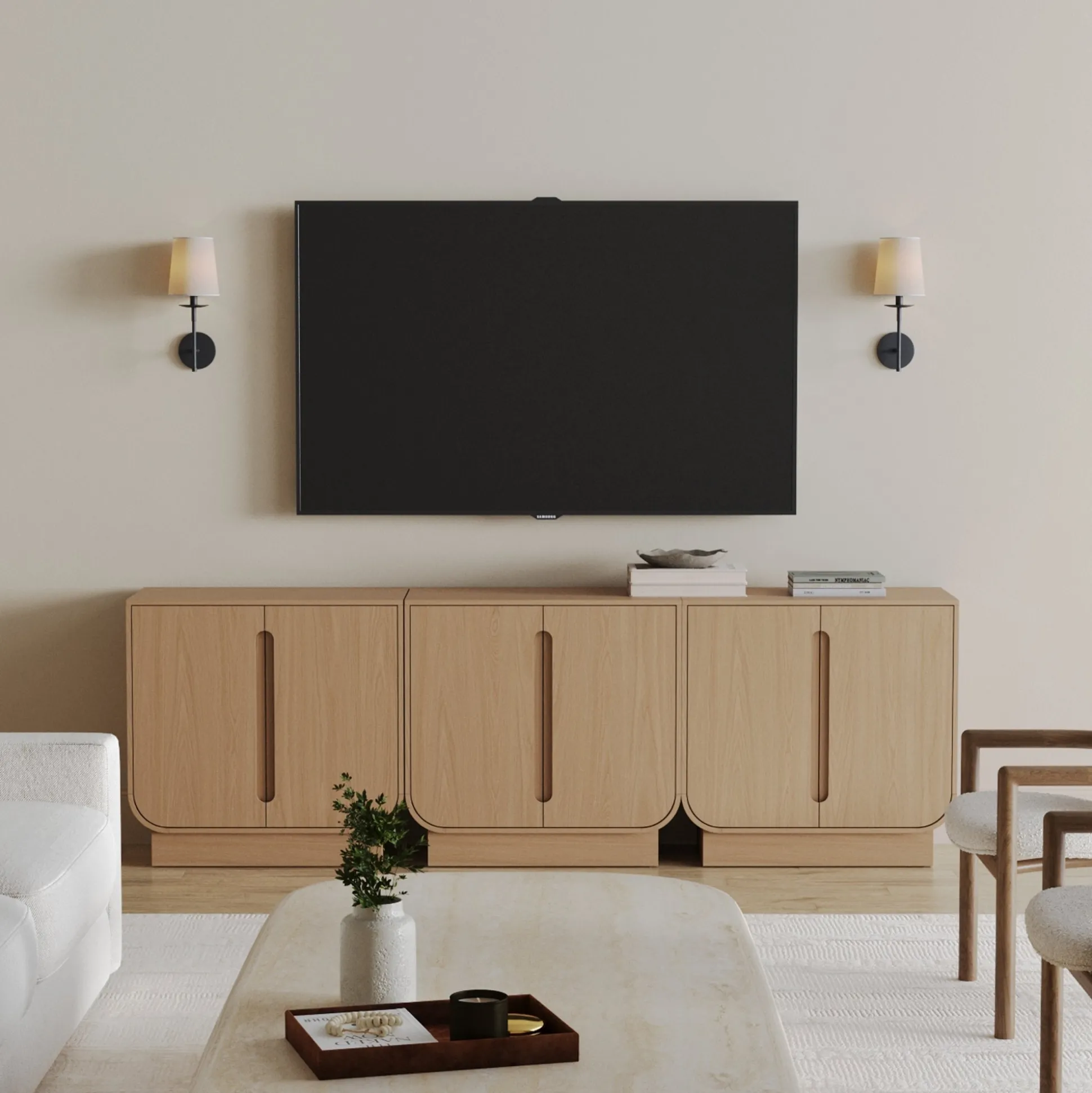 Wooden Arched Accent Cabinet or Kitchen Credenza Raw Oak (Set of 3)