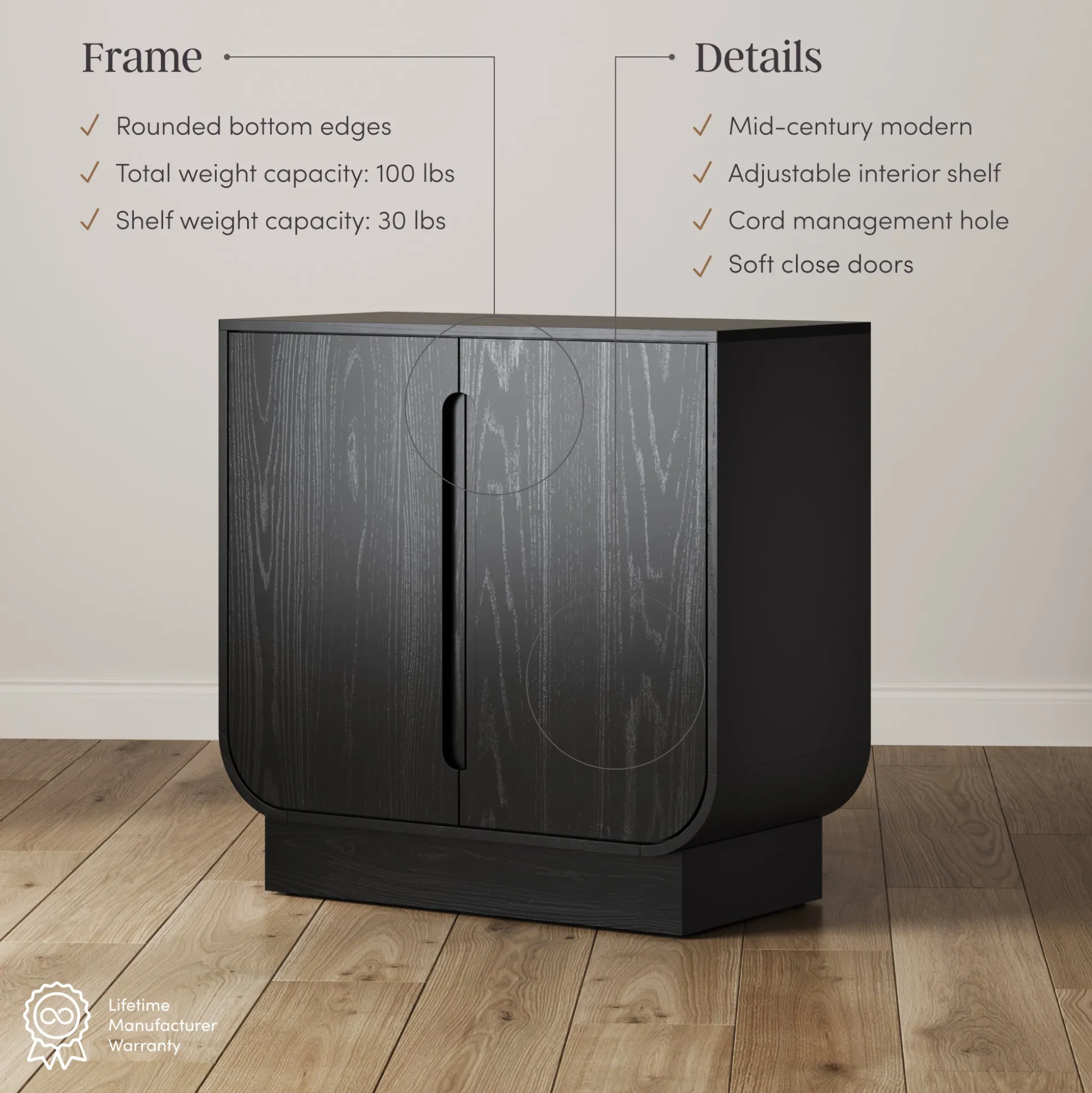 Wooden Arched Large Credenza Cabinet Black Oak (Set of 4)