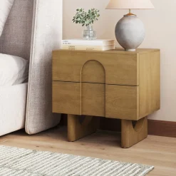 Wooden Bedside Table with Drawers and Solid Wood Legs Light Brown
