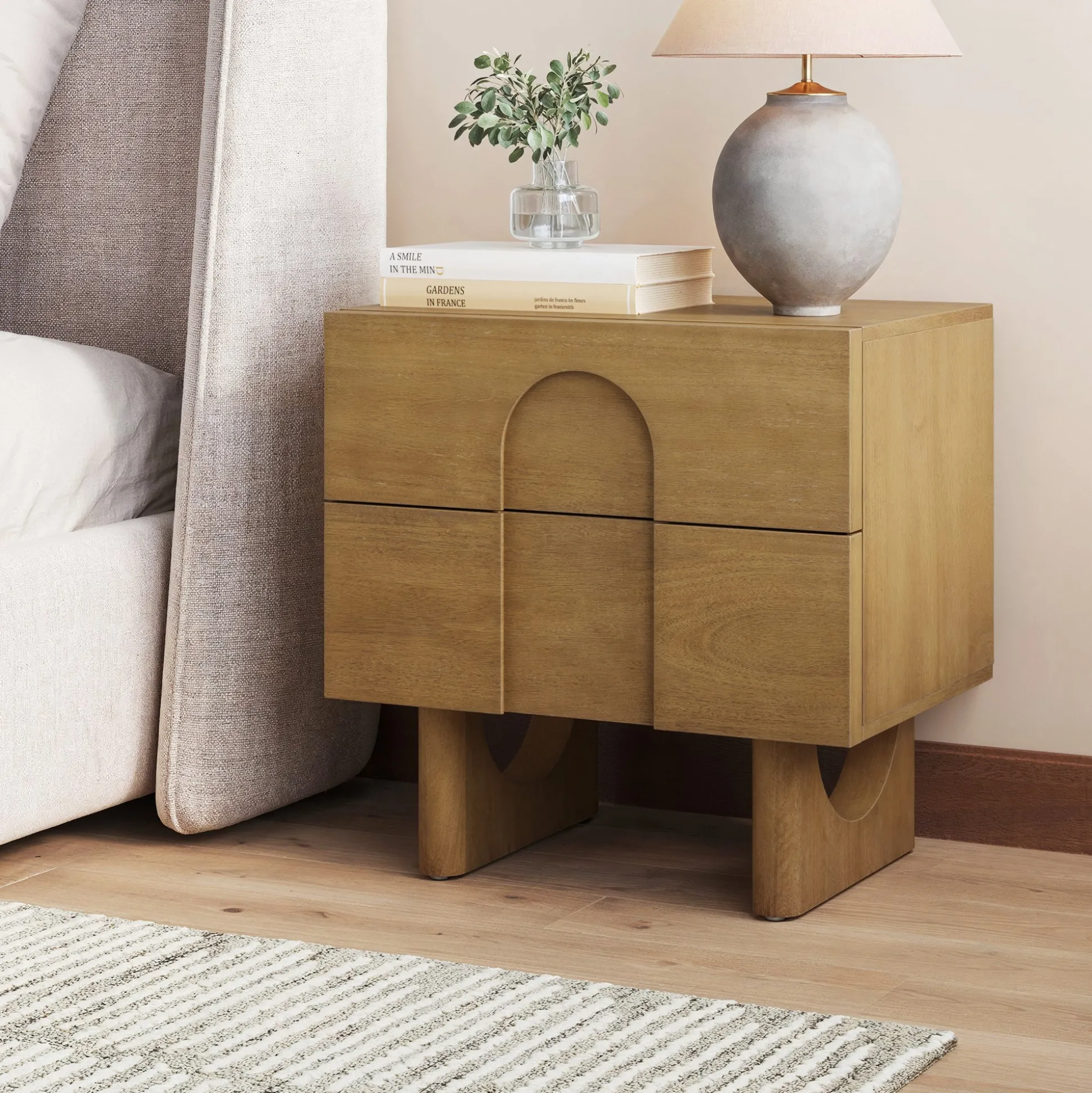 Wooden Bedside Table with Drawers and Solid Wood Legs Light Brown
