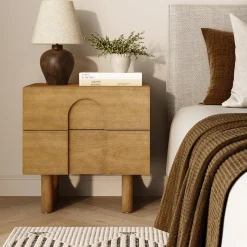 Wooden Bedside Table with Drawers and Solid Wood Legs Light Brown