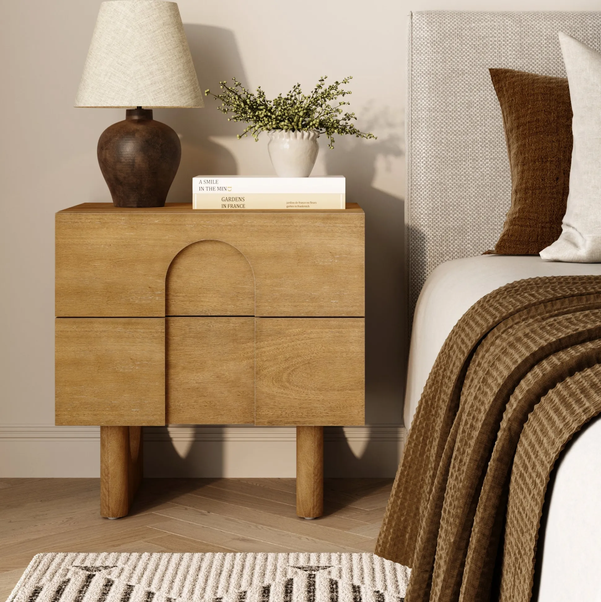 Wooden Bedside Table with Drawers and Solid Wood Legs Light Brown
