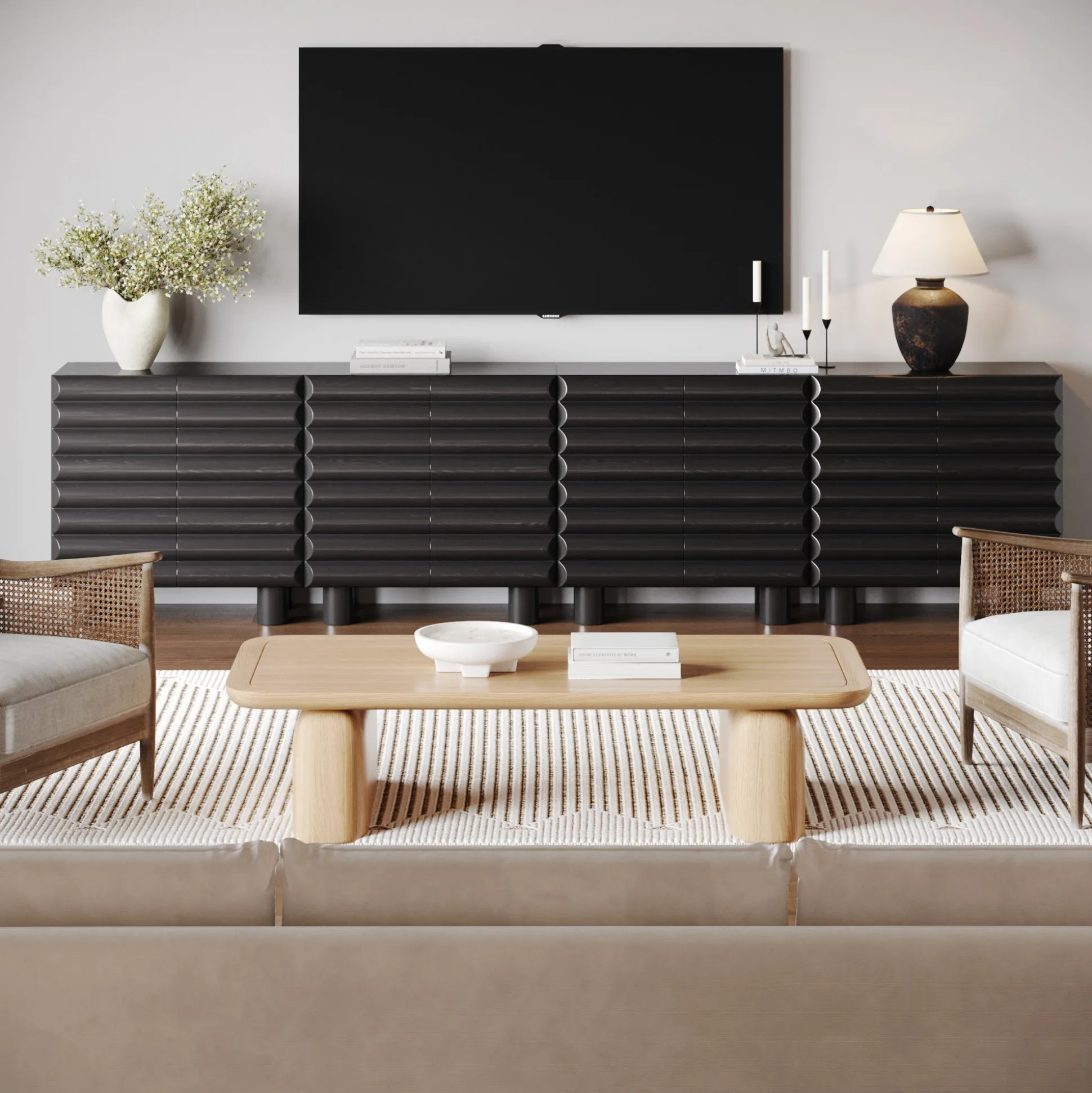 Wooden Credenza Cabinet with Sculpted Door Black (Set of 4)