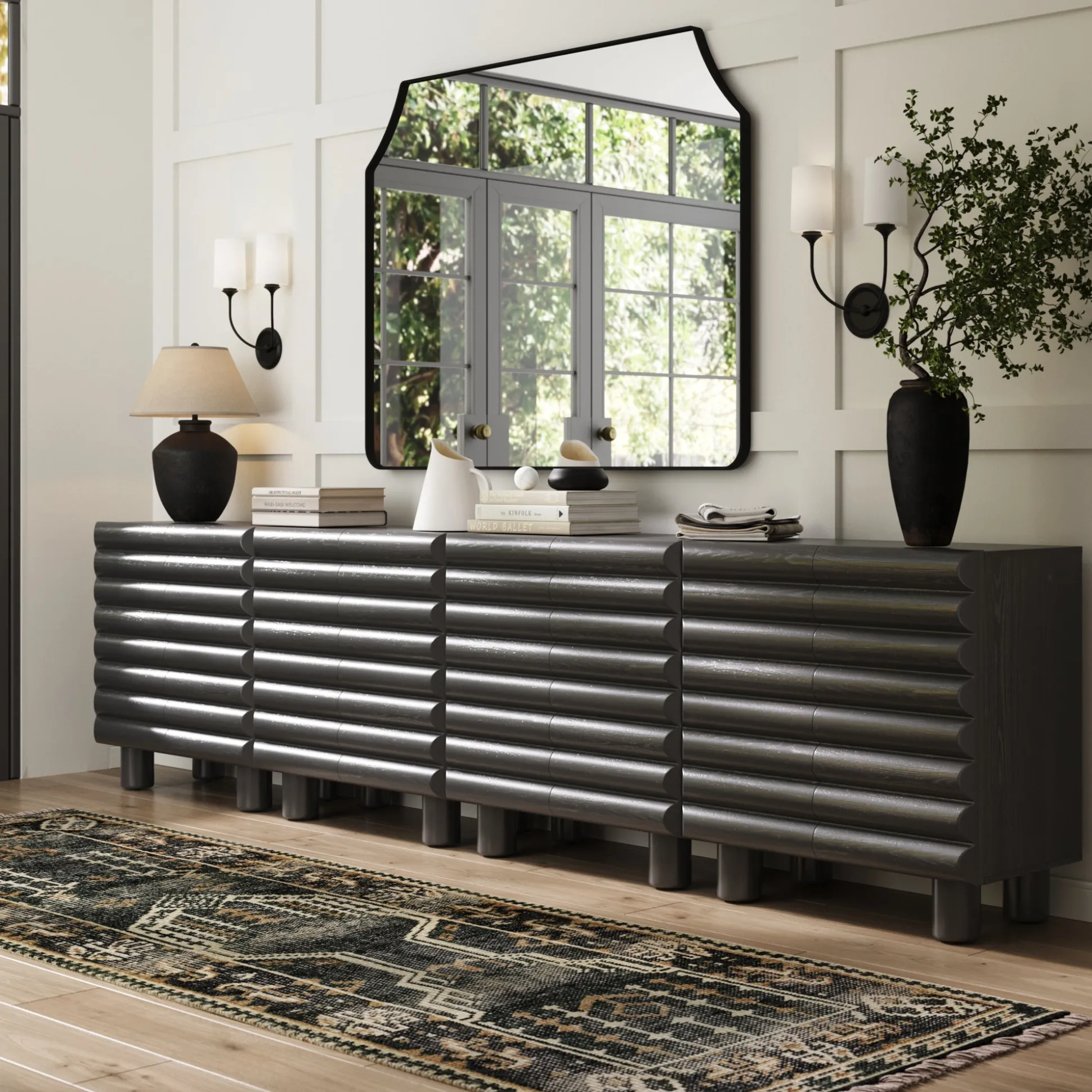 Wooden Credenza Cabinet with Sculpted Door Black (Set of 4)