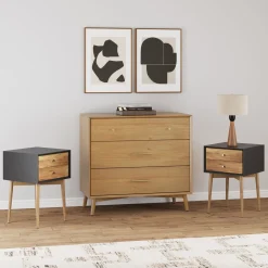 Wooden Dresser and 2 Nightstands Set Light Acacia/Black