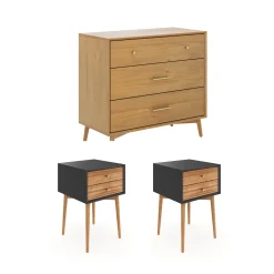 Wooden Dresser and 2 Nightstands Set Light Acacia/Black