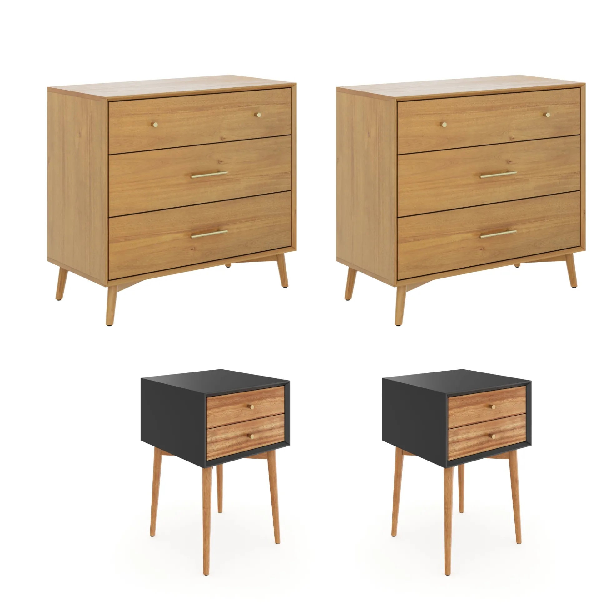Wooden 2 Dressers and 2 Nightstands Set Light Acacia/Black