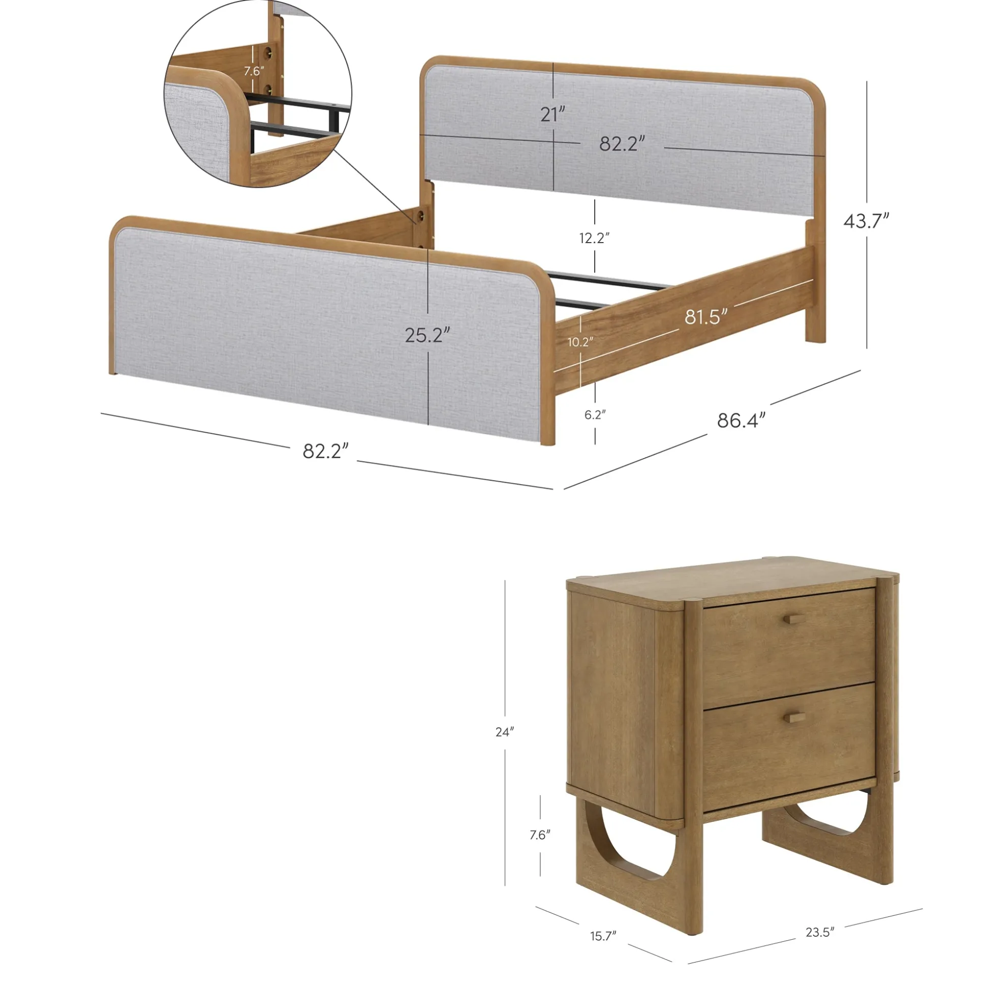 Wooden King Bed Frame with 2 Nightstands Set Gray/Light Brown