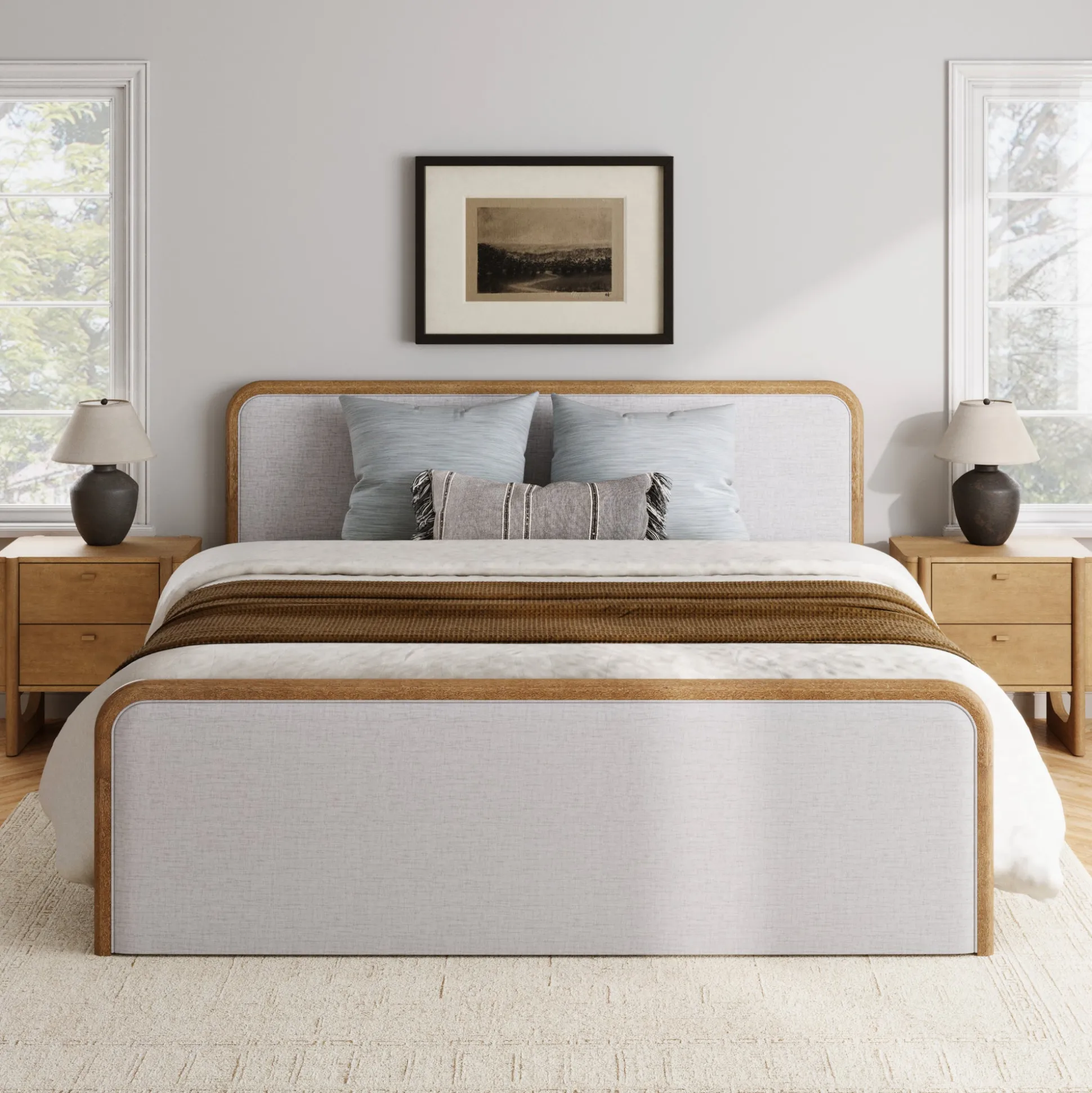 Wooden King Bed Frame with 2 Nightstands Set Gray/Light Brown