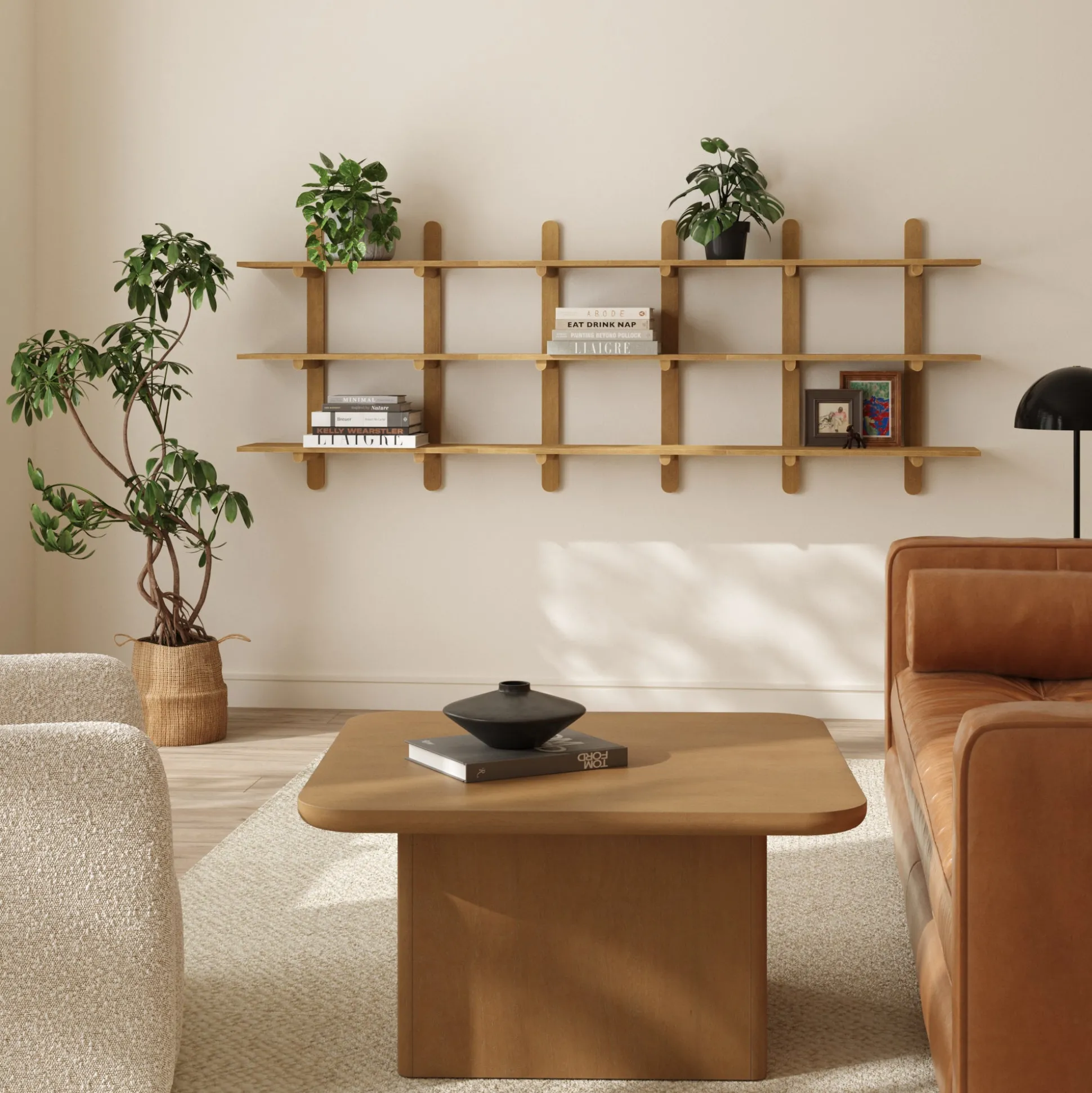 Wooden Mid Century Modern Modular Wall Shelving Light Brown (Set of 2)
