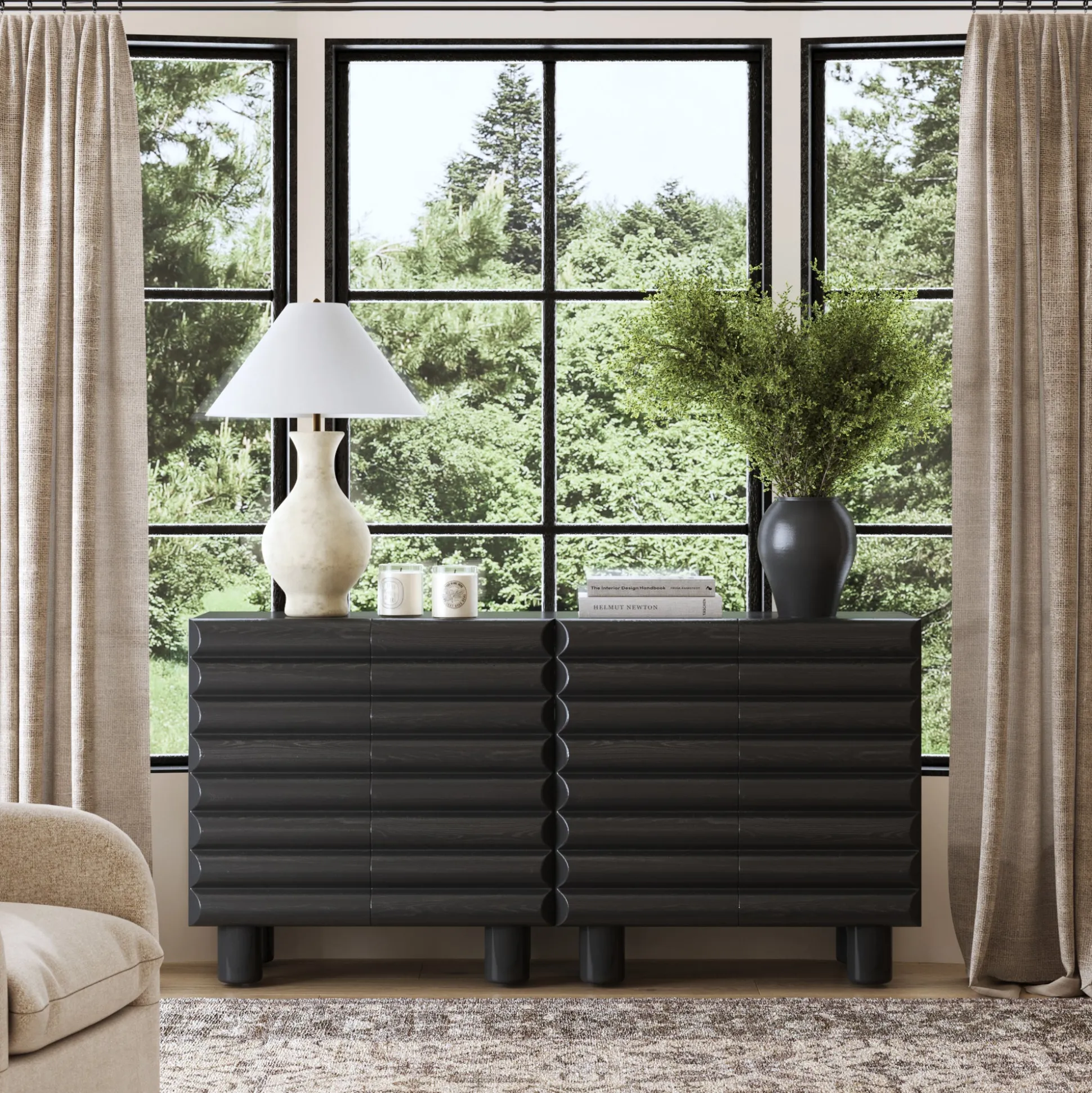 Wooden Sideboard Credenza Cabinet with Sculpted Door Black (Set of 2)