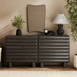 Wooden Sideboard Credenza Cabinet with Sculpted Door Black (Set of 2)
