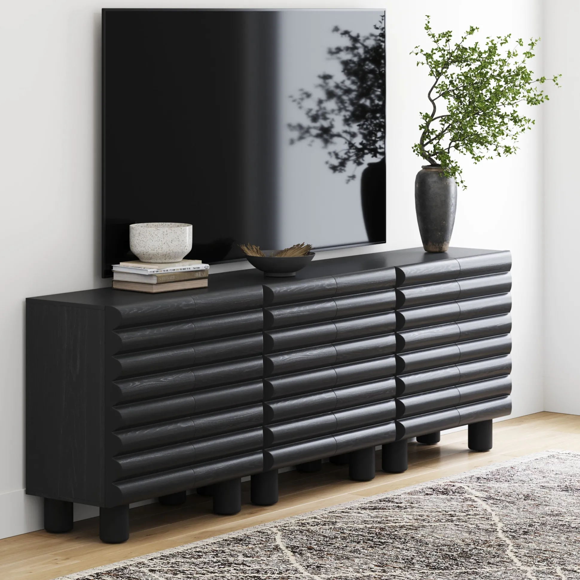 Wooden Sideboard Credenza Cabinet with Sculpted Door Black (Set of 3)