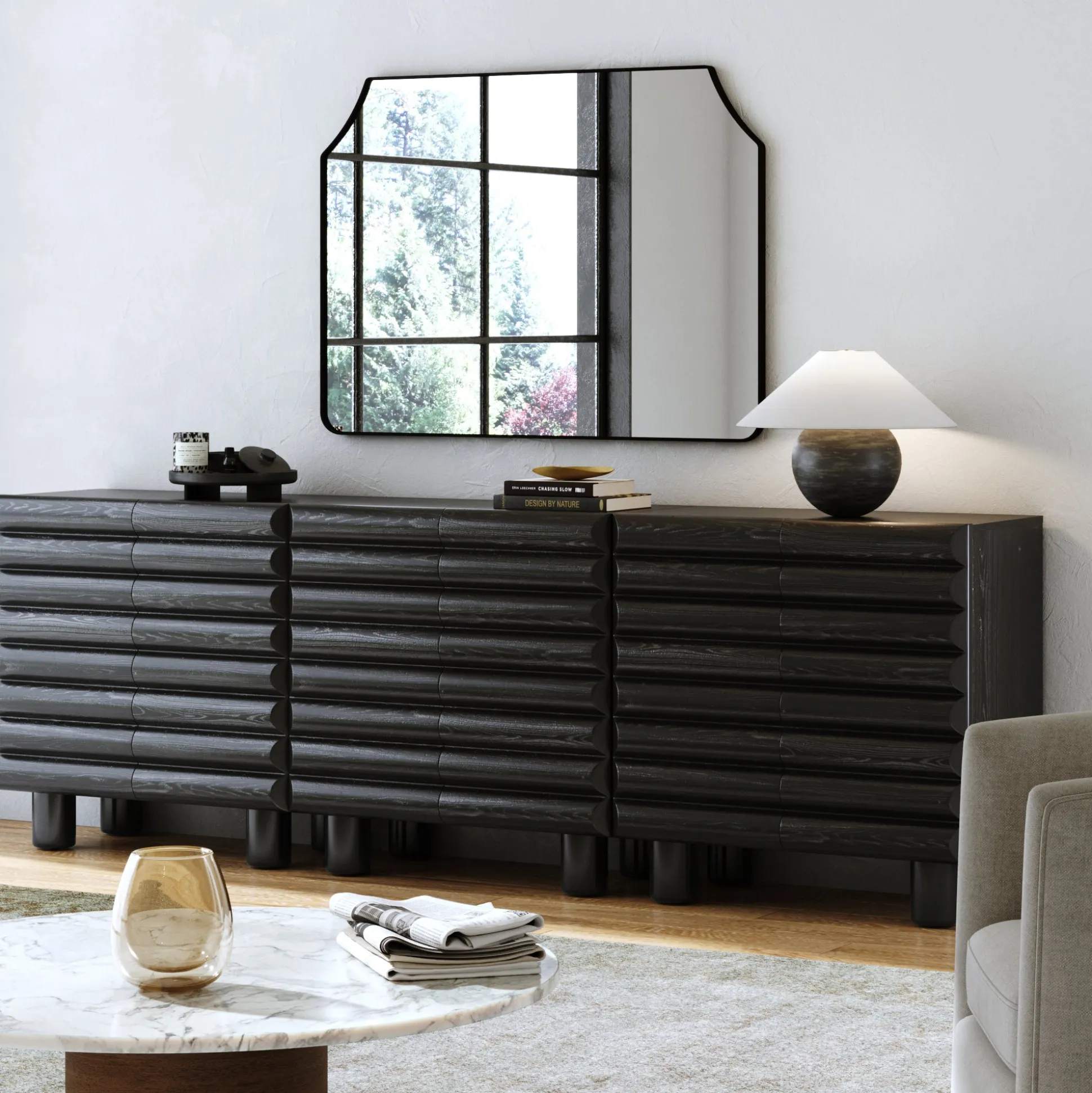 Wooden Sideboard Credenza Cabinet with Sculpted Door Black (Set of 3)