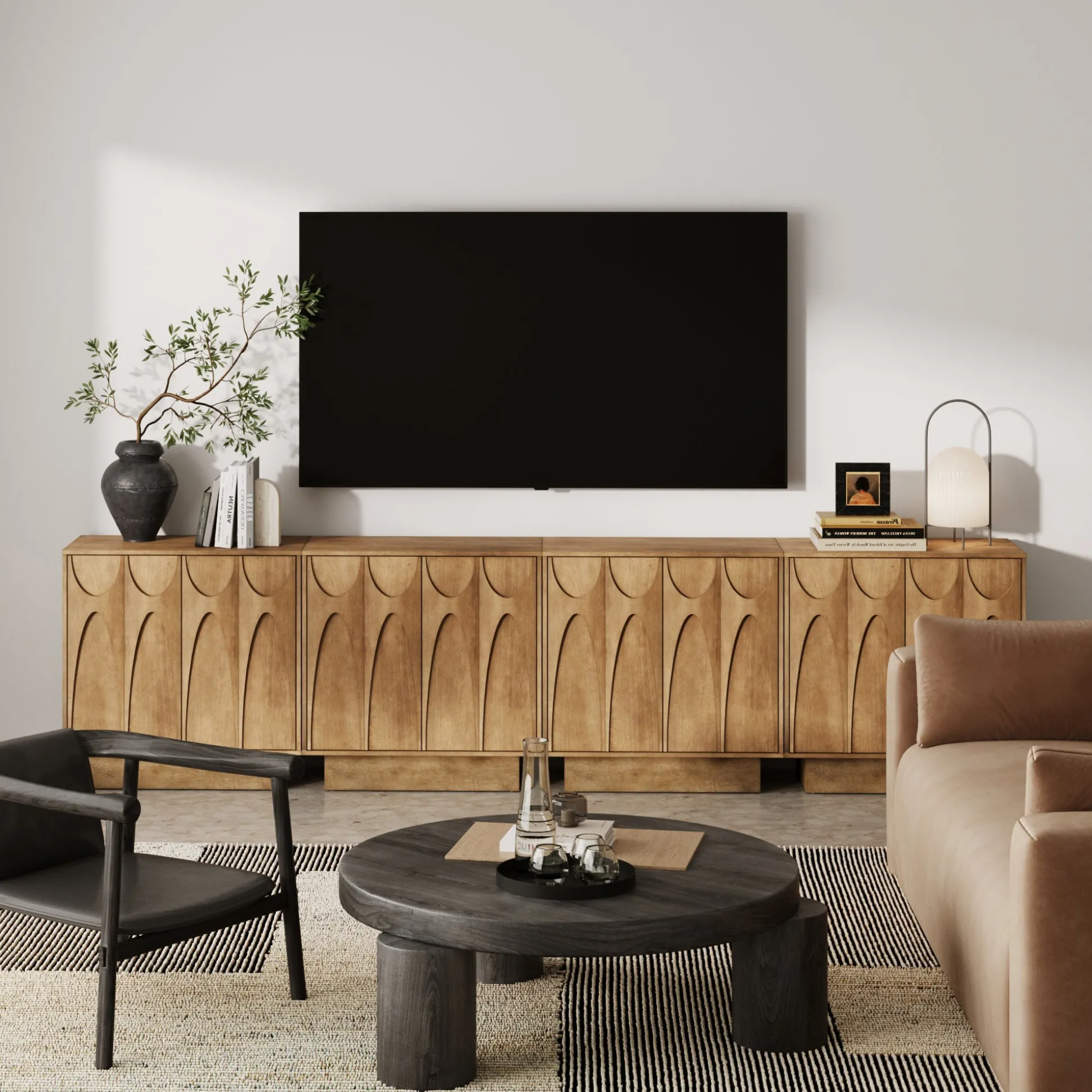 Wooden TV Console with Antique Carved Doors for TVs up to 100" Light Brown
