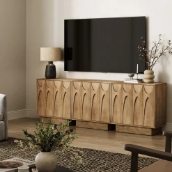 Wooden TV Console with Antique Carved Doors for TVs up to 75