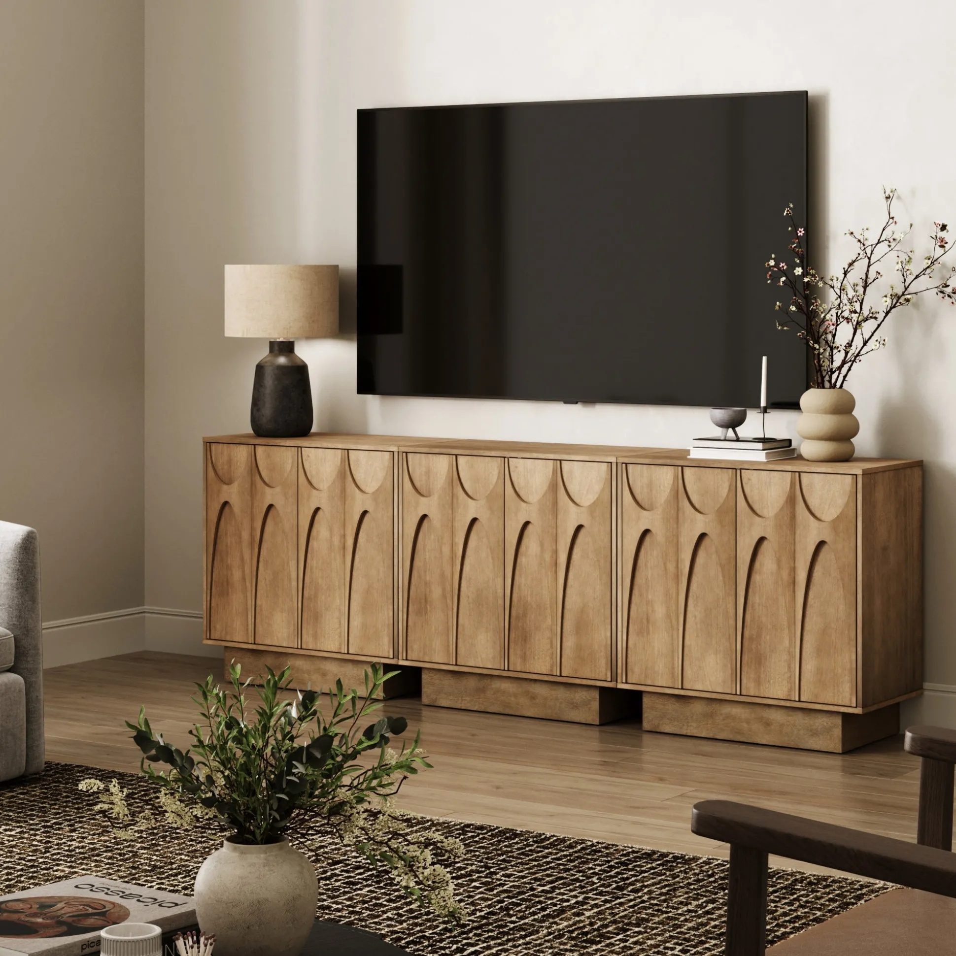 Wooden TV Console with Antique Carved Doors for TVs up to 75" Light Brown